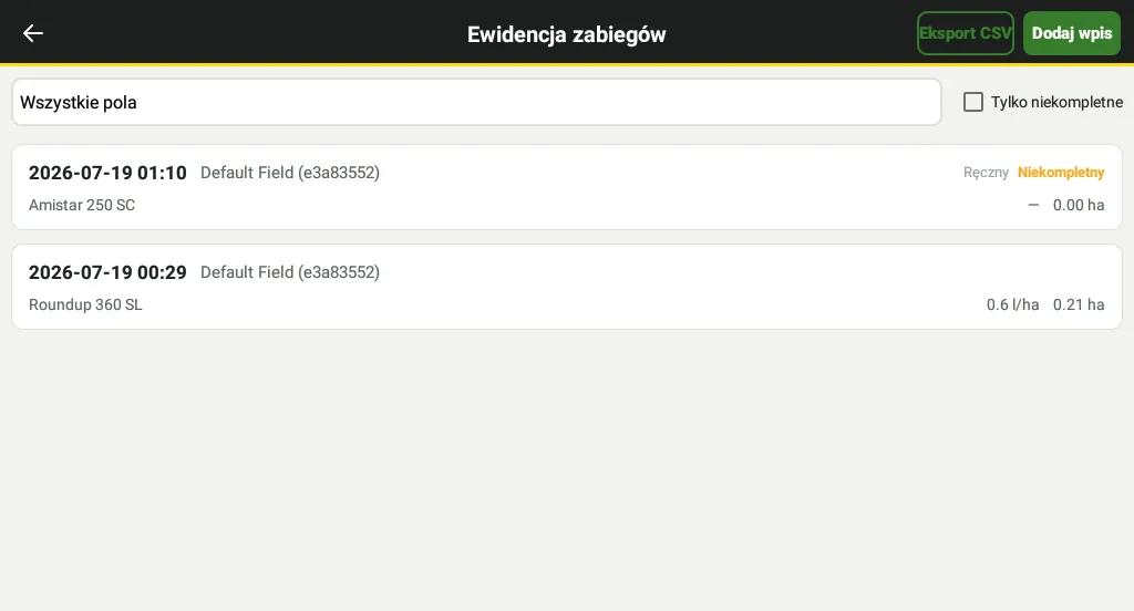 Ewidencja zabiegów ochrony roślin w terminalu